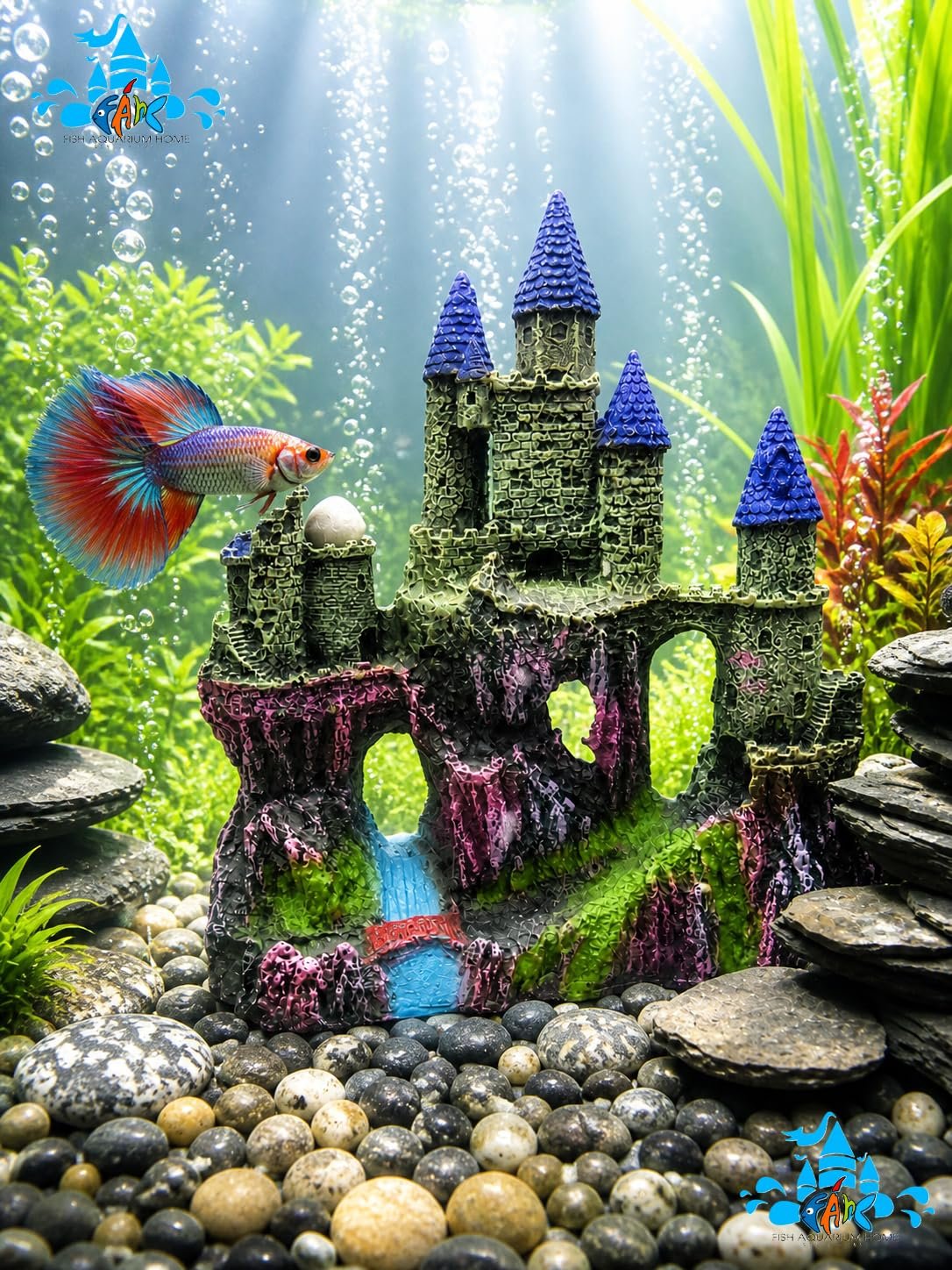 Fah® Aquarium Castle Decoration with Bridge & Waterfall Design | Non-Toxic Resin Fish Tank Ornament | Decorative Aquascaping Cave for Fish Hideout | Suitable for All Freshwater Aquariums by FAH