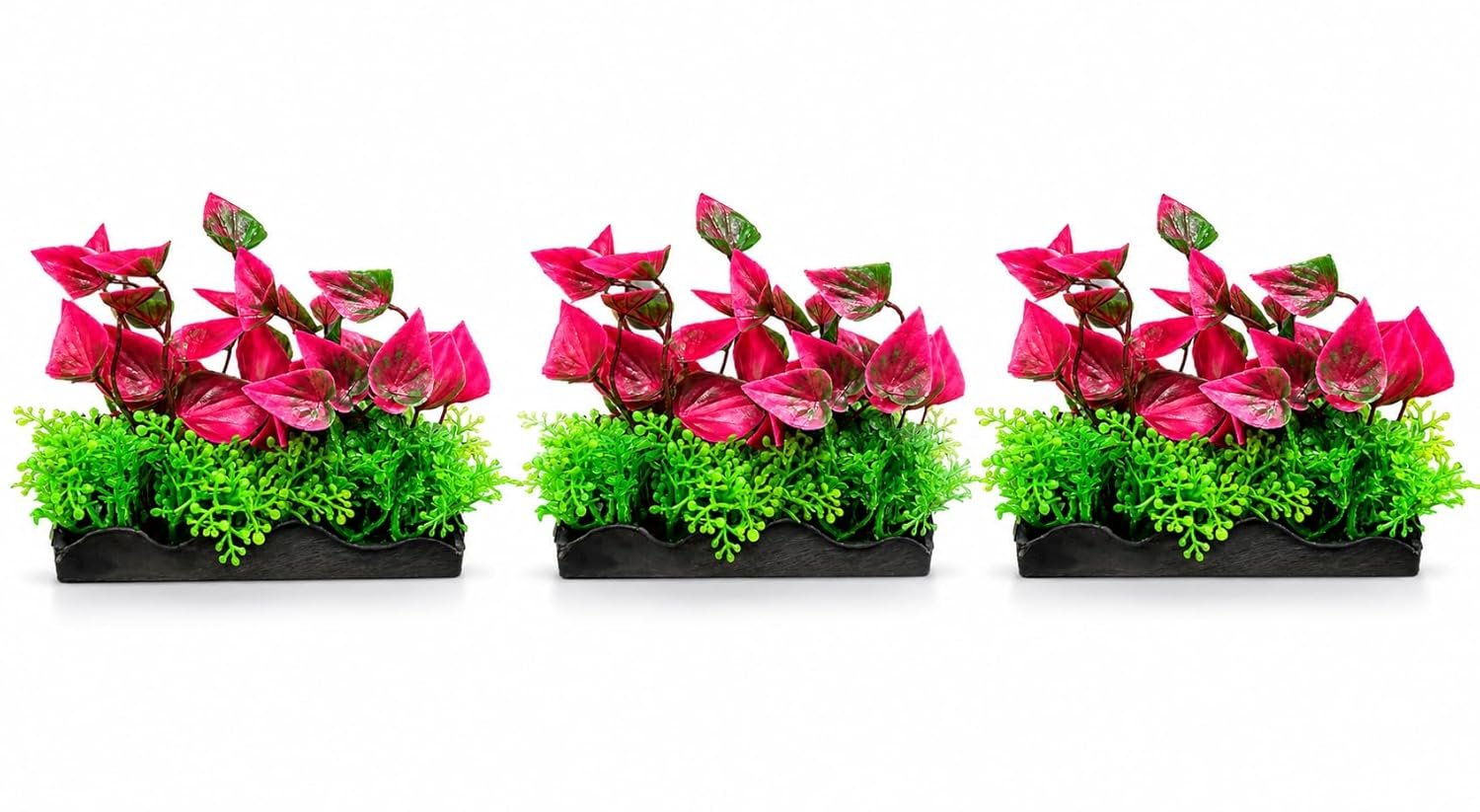Minjiang Artificial Aquarium Tray Plant Pack of 3 |12.5 cm Pink Heart-Leaf with Green Fern Base | Fish Tank Decoration by Minjiang